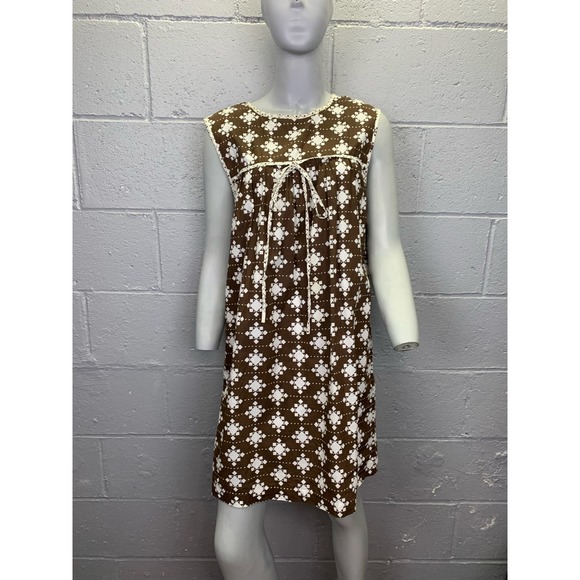 Vtg 70s Milly of New York Brown White Geometric Mini Dress Keyhole Back Bow SM - Picture 2 of 10
